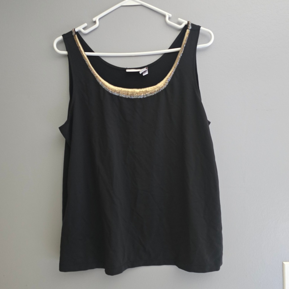 Chicos Black Embellished Neckline Tank Top Metallic Bead Trim Size 3 Large XL